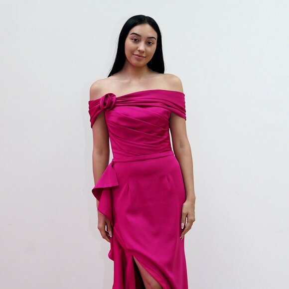 New Off Shoulder Sheath Ruffled Prom Gown w/ Rosette Detail & Leg Slit JT2716C - Picture 1 of 8